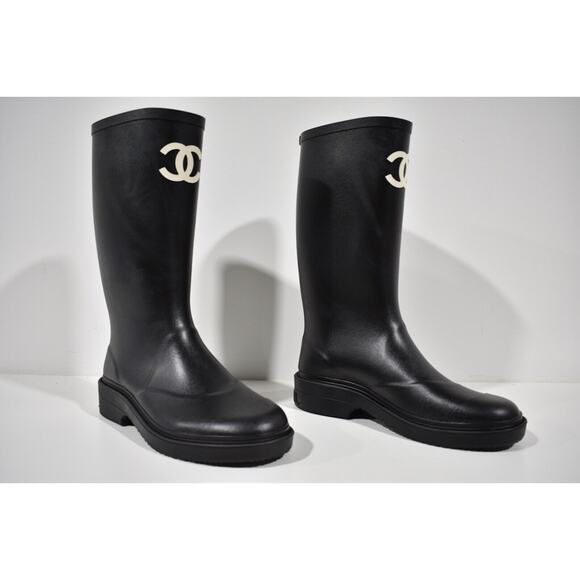 Chanel REV Black White Caoutchouc CC Logo High Pull On Rubber Rain Boots 41 - Picture 4 of 12